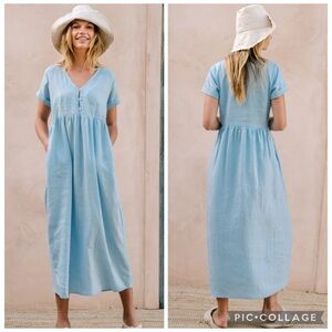 Rove Sunseeker Midi Dress in Sky Blue Linen Size Small
